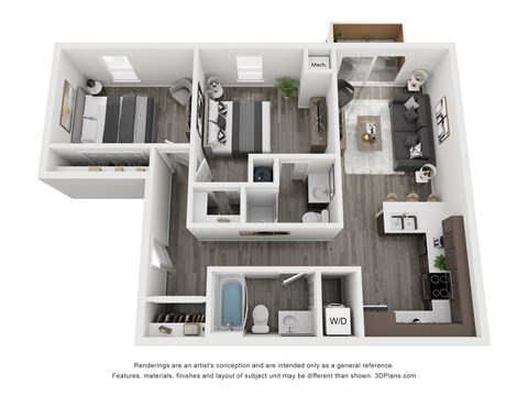 Floor plan for 2 beds, 2 baths, 870 sqft